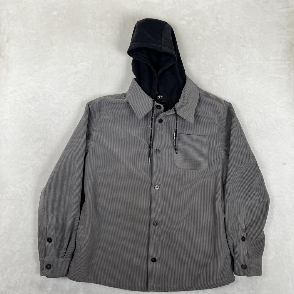 Tony Hawk Jacket Mens Large Gray Corduroy Faux Fur Lined Hooded Shacket Skate